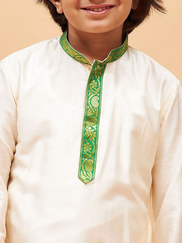Exotic India Viscose Cream Kurta With Border Placket Neck