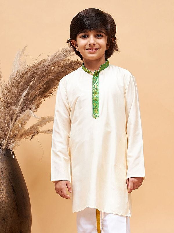 exotic india Viscose Cream Kurta with Border Placket Neck 