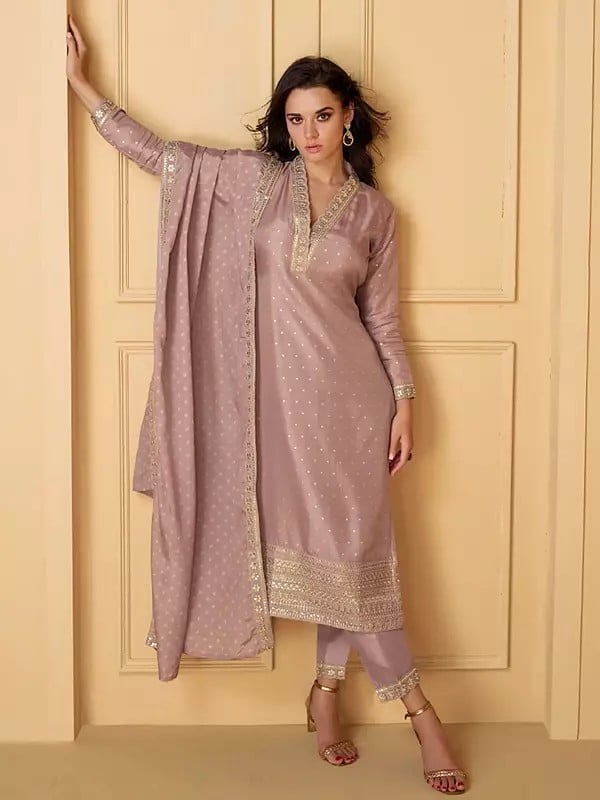 Exotic India Viscose Elegant Sequins And Embroidery Work Straight Festive Wear Kurta With Matching Dupatta 