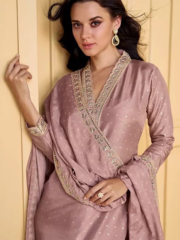 Exotic India Viscose Elegant Sequins And Embroidery Work Straight Festive Wear Kurta With Matching Dupatta 