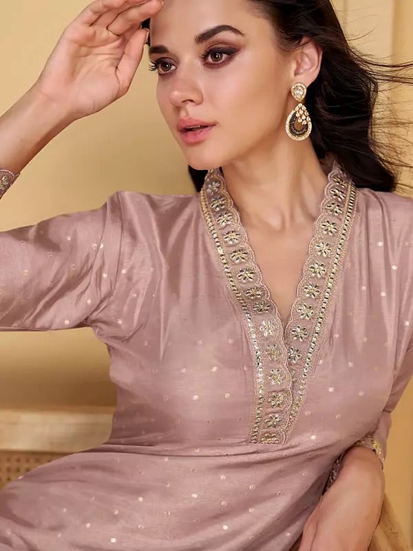 Exotic India Viscose Elegant Sequins And Embroidery Work Straight Festive Wear Kurta With Matching Dupatta 