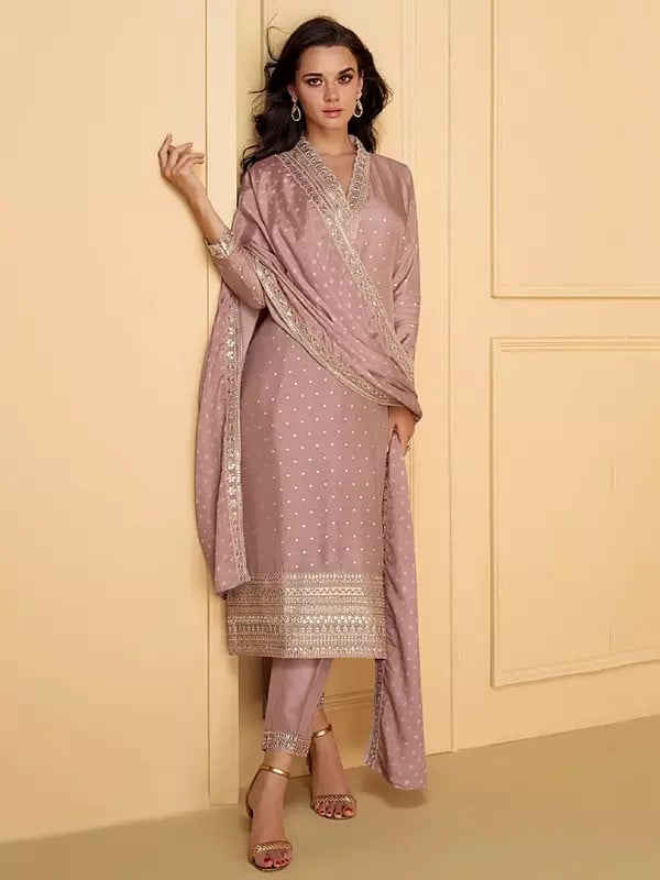 exotic india Viscose Elegant Sequins And Embroidery Work Straight Festive Wear Kurta With Matching Dupatta 