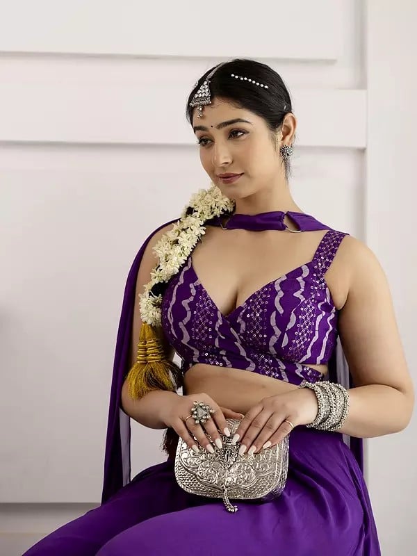 Exotic India Viscose Indo-Western Style Embroidery And Print Work Party Wear Solid Lehenga Choli With Matching Dupatta 