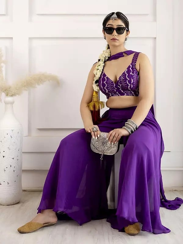 Exotic India Viscose Indo-Western Style Embroidery And Print Work Party Wear Solid Lehenga Choli With Matching Dupatta 