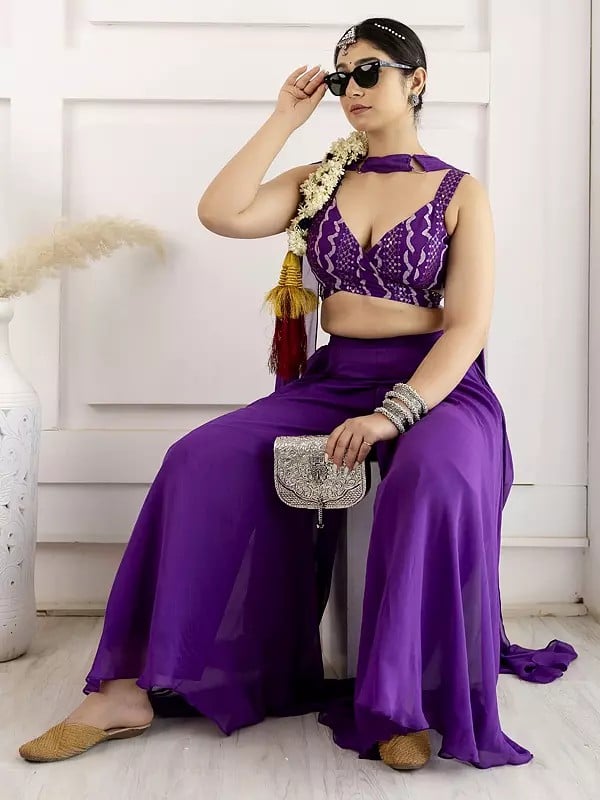 Exotic India Viscose Indo-Western Style Embroidery And Print Work Party Wear Solid Lehenga Choli With Matching Dupatta 