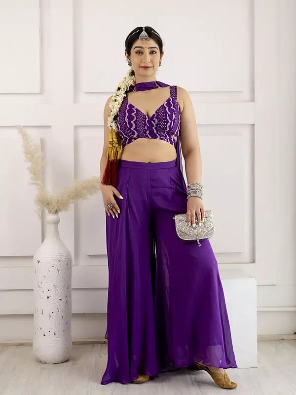 exotic india Viscose Indo-Western Style Embroidery And Print Work Party Wear Solid Lehenga Choli With Matching Dupatta 