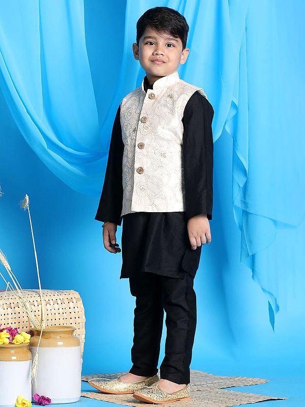 Exotic India Viscose Kurta Pajama With Silk Blend Floral Embroidered Modi Jacket 