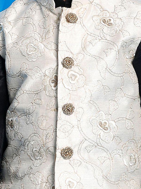Exotic India Viscose Kurta Pajama With Silk Blend Floral Embroidered Modi Jacket 