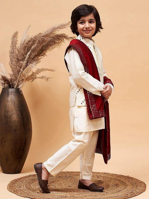 Exotic India Viscose Mirror Embroidered Modi Jacket And Dupatta With Kurta Pajama 