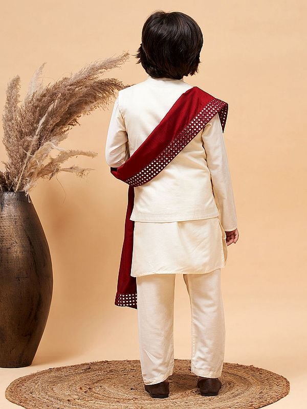 Exotic India Viscose Mirror Embroidered Modi Jacket And Dupatta With Kurta Pajama 
