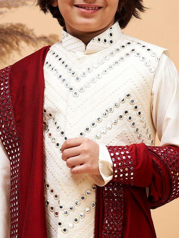 Exotic India Viscose Mirror Embroidered Modi Jacket And Dupatta With Kurta Pajama 