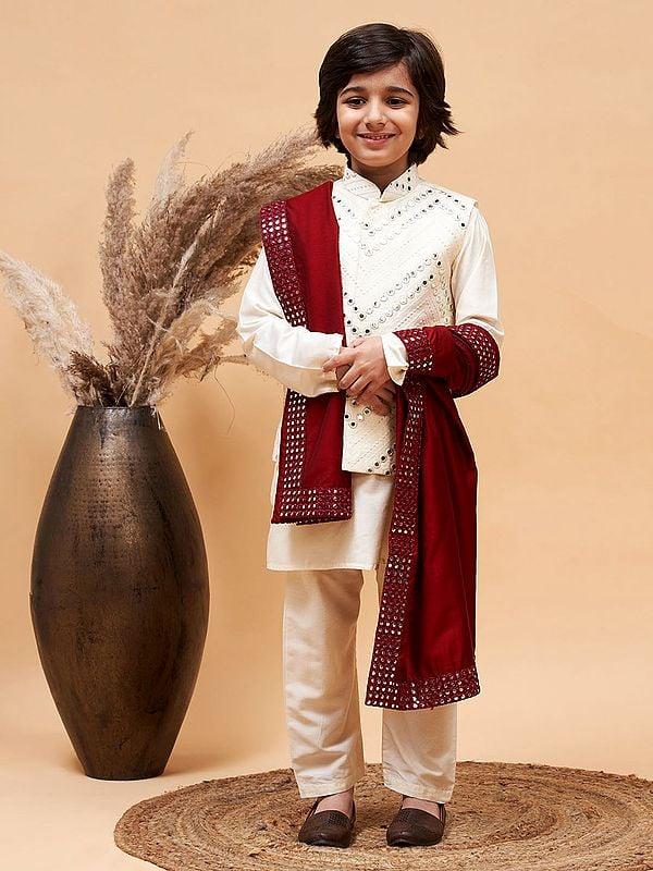 exotic india Viscose Mirror Embroidered Modi Jacket And Dupatta With Kurta Pajama 