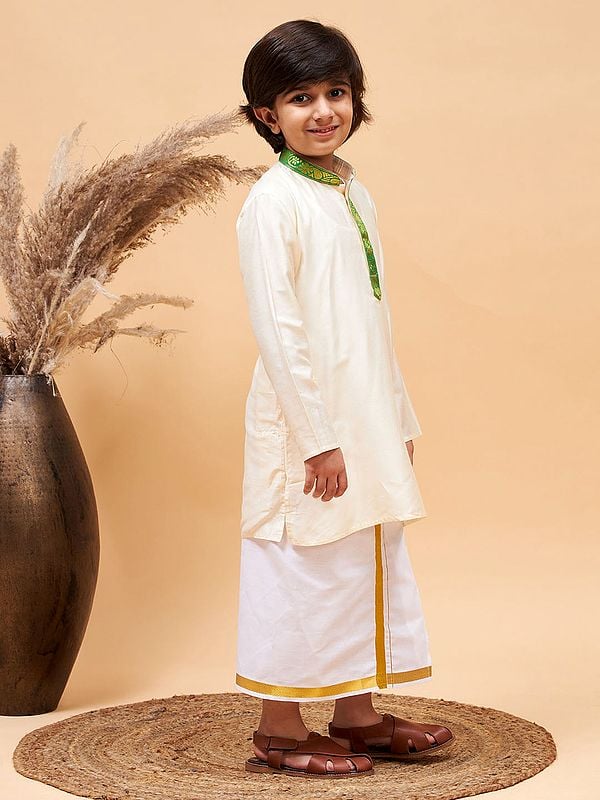 Exotic India Viscose South Indian Style Kurta With Cotton Blend Mundu 