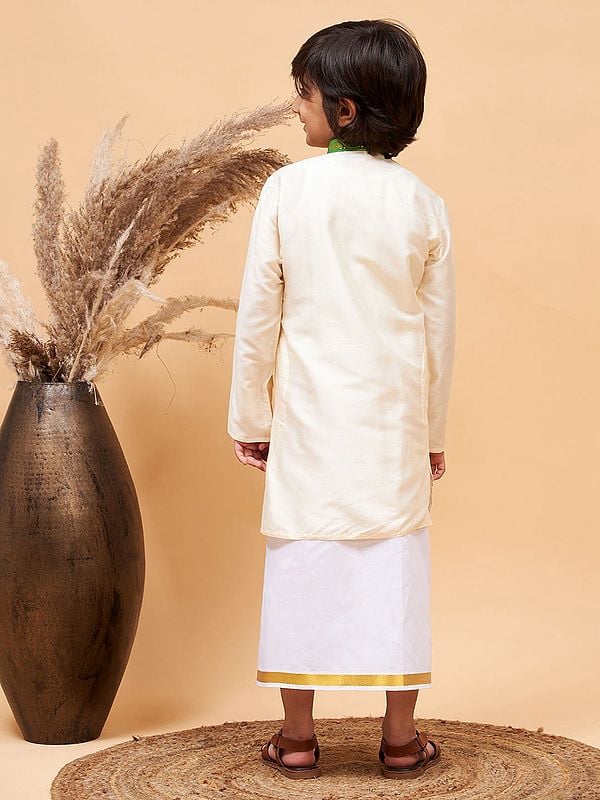Exotic India Viscose South Indian Style Kurta With Cotton Blend Mundu 