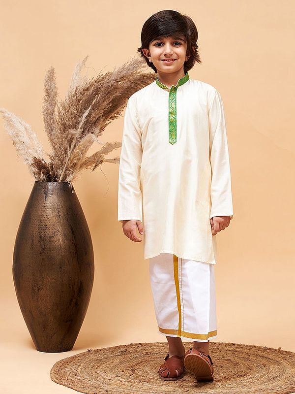 exotic india Viscose South Indian Style Kurta With Cotton Blend Mundu 