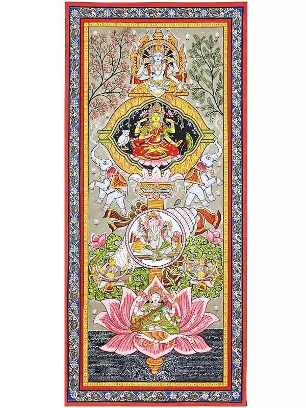 exotic india Vishnu Gajalakshmi Ganesha and Saraswati | Pattachitra Painting From Odisha 
