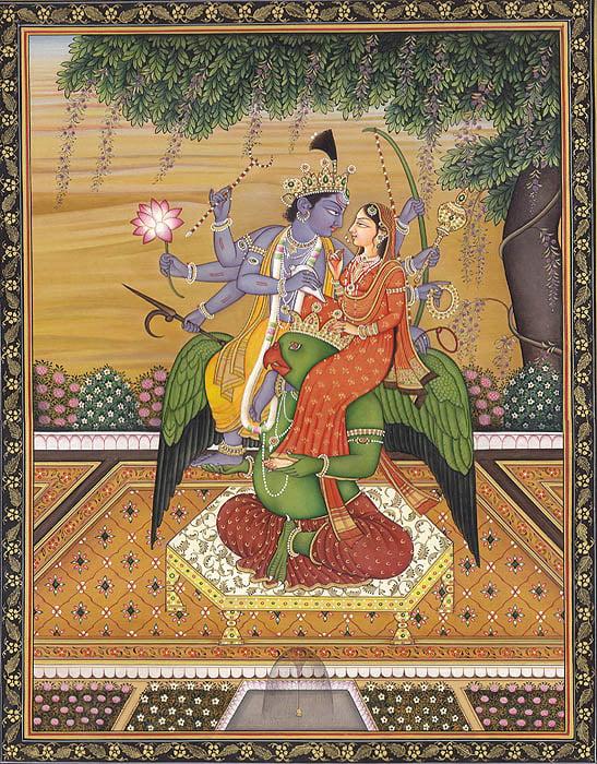 exotic india Vishnu with Lakshmi Seated on His 'Vahana' Garuda 