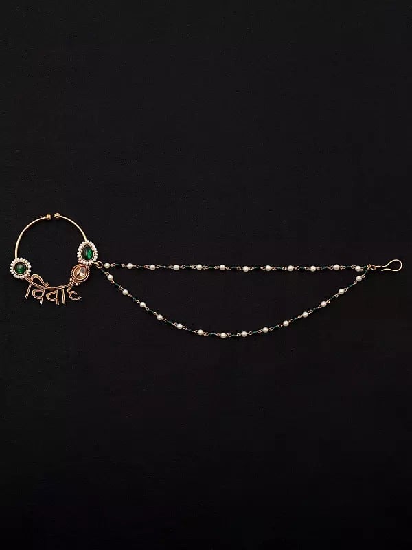 exotic india Vivah Nose Ring with Two-Layered Beaded Chain 