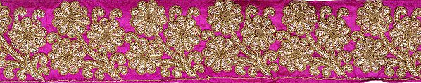 exotic india Vivid-Viola Fabric Border with Embroiderd Flowers in Golden Thread 