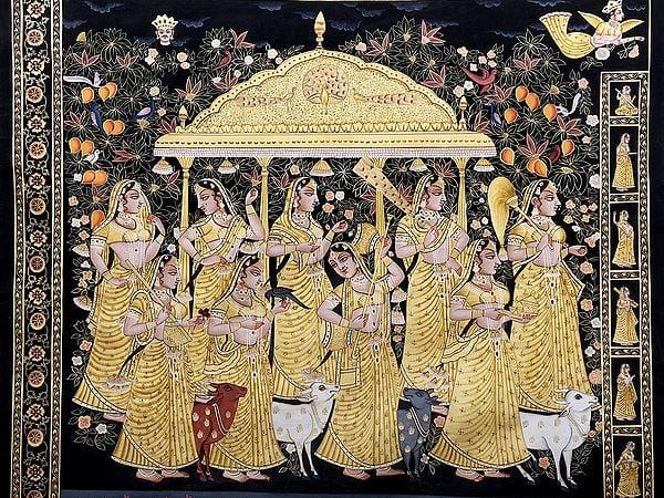 Exotic India Vrikshachari Pichwai : Gopis Waiting For Krishna In Grooves 