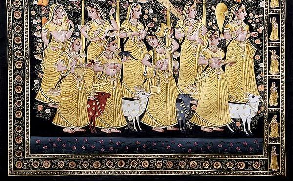 Exotic India Vrikshachari Pichwai : Gopis Waiting For Krishna In Grooves 