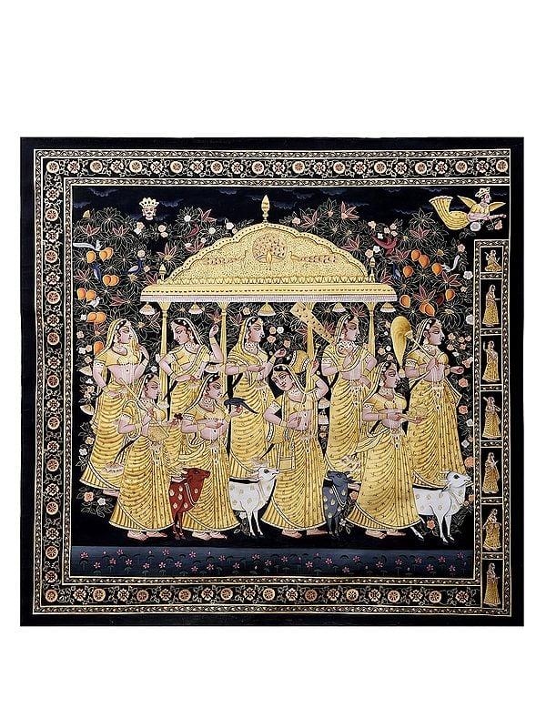 exotic india Vrikshachari Pichwai : Gopis waiting for Krishna in Grooves 