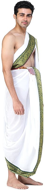 Exotic India Vrindawan Dhoti And Angavastram Set With Woven Golden Zari Border 
