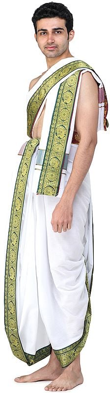 Exotic India Vrindawan Dhoti And Angavastram Set With Woven Golden Zari Border 