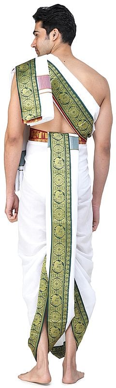 Exotic India Vrindawan Dhoti And Angavastram Set With Woven Golden Zari Border 