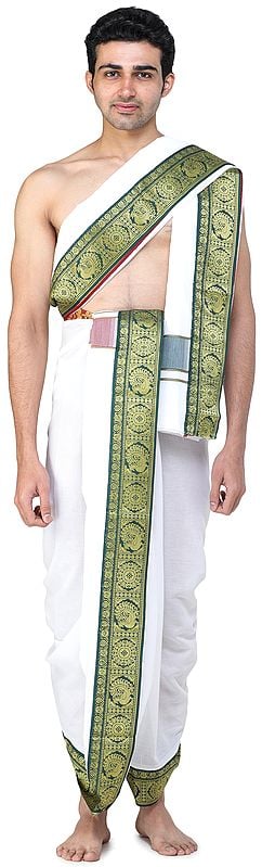 exotic india Vrindawan Dhoti and Angavastram Set with Woven Golden Zari Border 