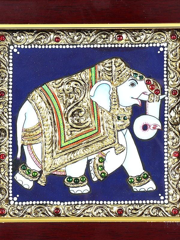 Exotic India Walking Elephant | 24 Karat Gold Work | Framed Tanjore Painting