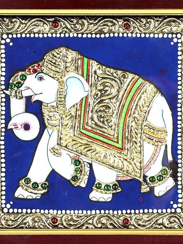 Exotic India Walking Elephant | 24 Karat Gold Work | Framed Tanjore Painting