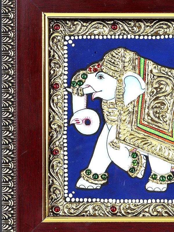 Exotic India Walking Elephant | 24 Karat Gold Work | Framed Tanjore Painting