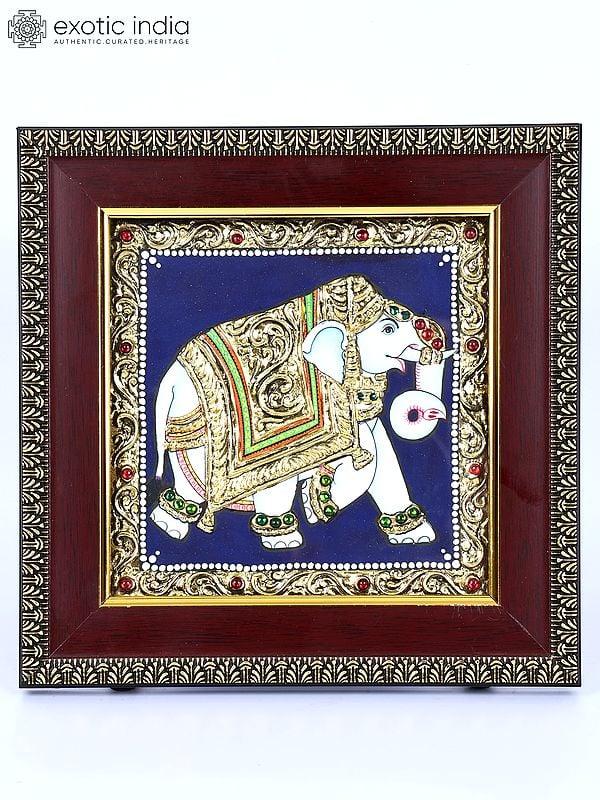 exotic india Walking Elephant | 24 Karat Gold Work | Framed Tanjore Painting