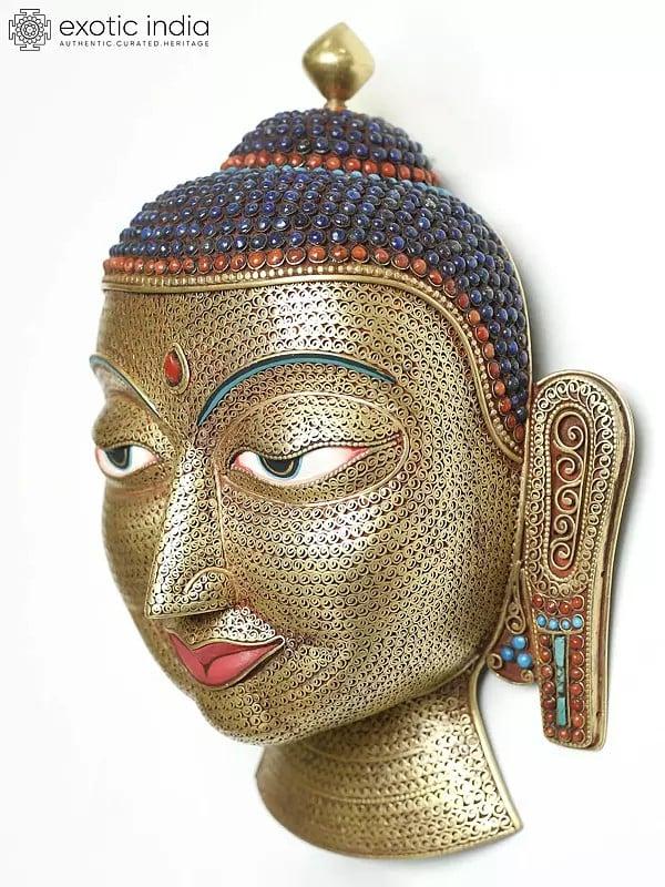 Exotic India Wall Hanging Lord Buddha Face Mask Gold Gilded On Copper With Base Metal | Buddhist Sculpture 