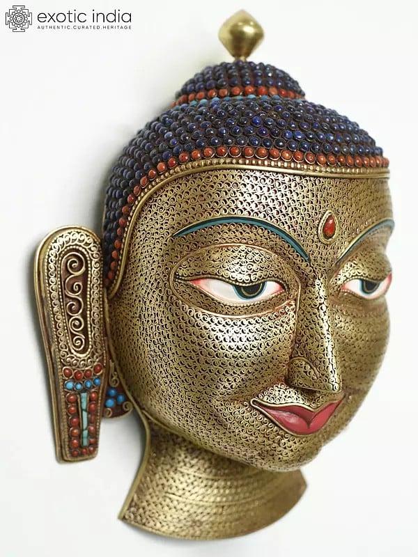 Exotic India Wall Hanging Lord Buddha Face Mask Gold Gilded On Copper With Base Metal | Buddhist Sculpture 