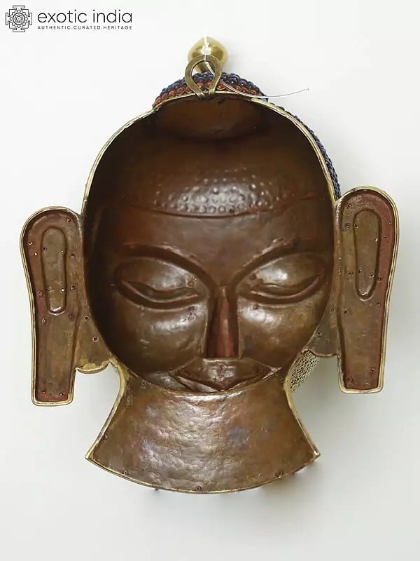 Exotic India Wall Hanging Lord Buddha Face Mask Gold Gilded On Copper With Base Metal | Buddhist Sculpture 