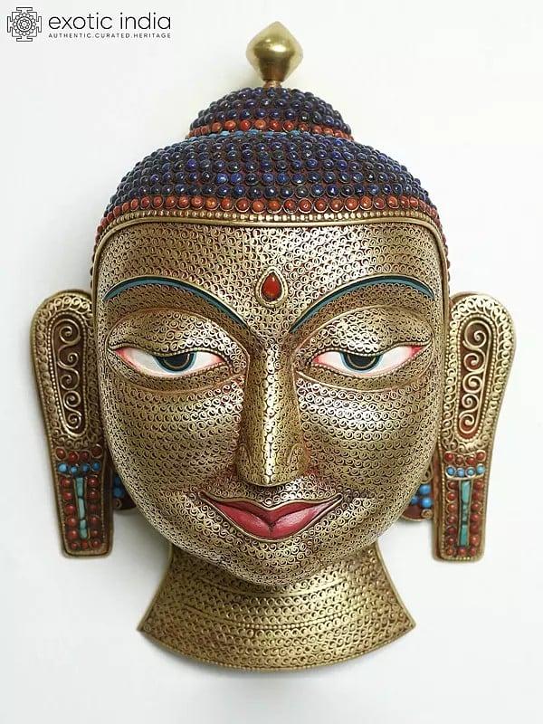 exotic india Wall Hanging Lord Buddha Face Mask Gold Gilded On Copper With Base Metal | Buddhist Sculpture 