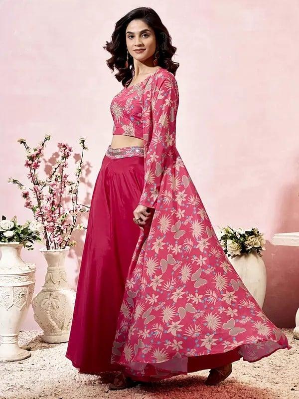 Exotic India Warm-Pink Stylish Heavy Crepe Floral Print Three Piece Party Wear Indo-western Suit With Shrug