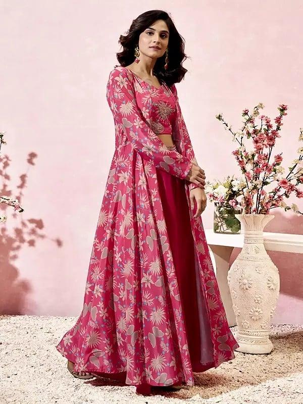 Exotic India Warm-Pink Stylish Heavy Crepe Floral Print Three Piece Party Wear Indo-western Suit With Shrug