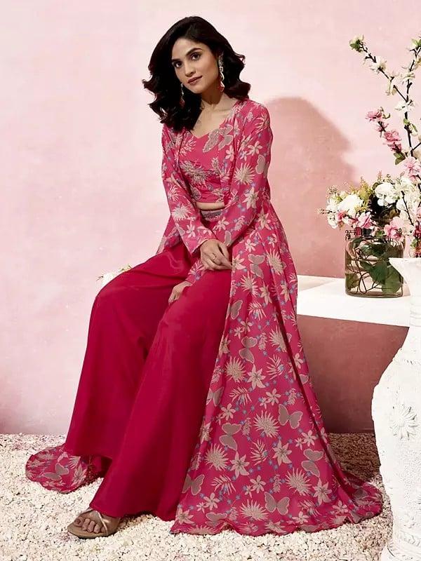 Exotic India Warm-Pink Stylish Heavy Crepe Floral Print Three Piece Party Wear Indo-western Suit With Shrug
