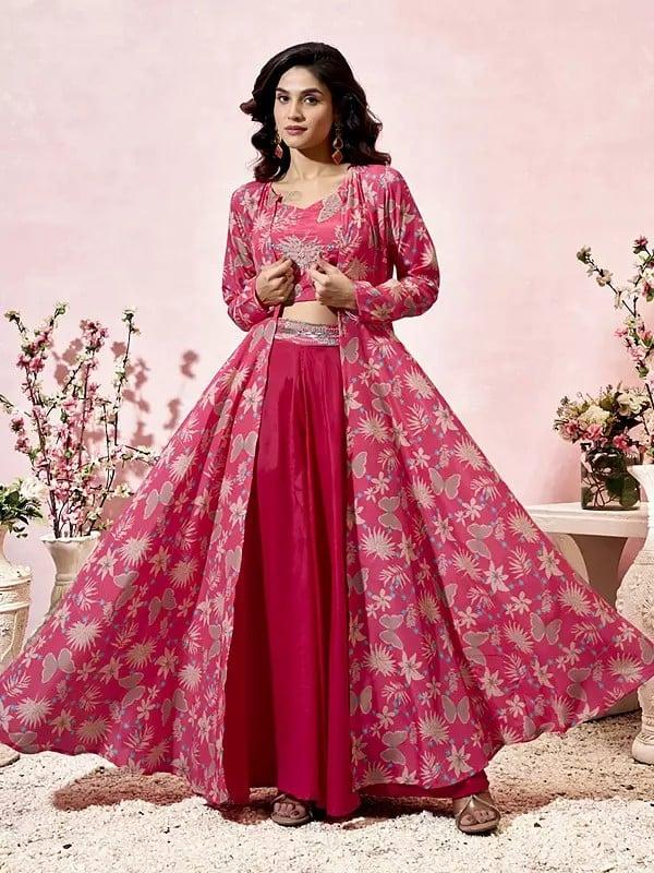 exotic india Warm-Pink Stylish heavy Crepe floral print three piece party wear indo-western suit with shrug