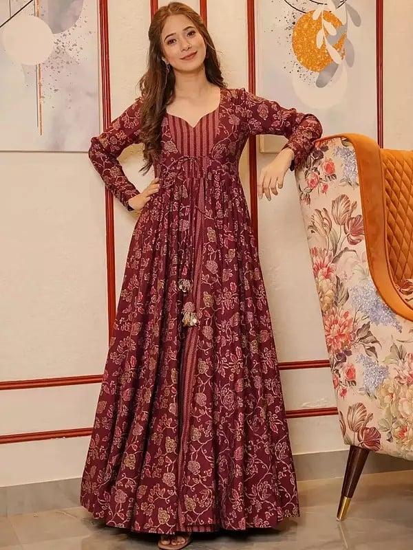 Exotic India Wedding Wear Maroon Digital Printed Pure Muslin Indo-Western Suit