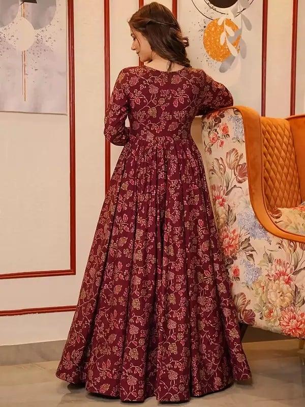 Exotic India Wedding Wear Maroon Digital Printed Pure Muslin Indo-Western Suit