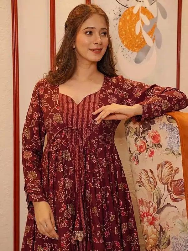 Exotic India Wedding Wear Maroon Digital Printed Pure Muslin Indo-Western Suit