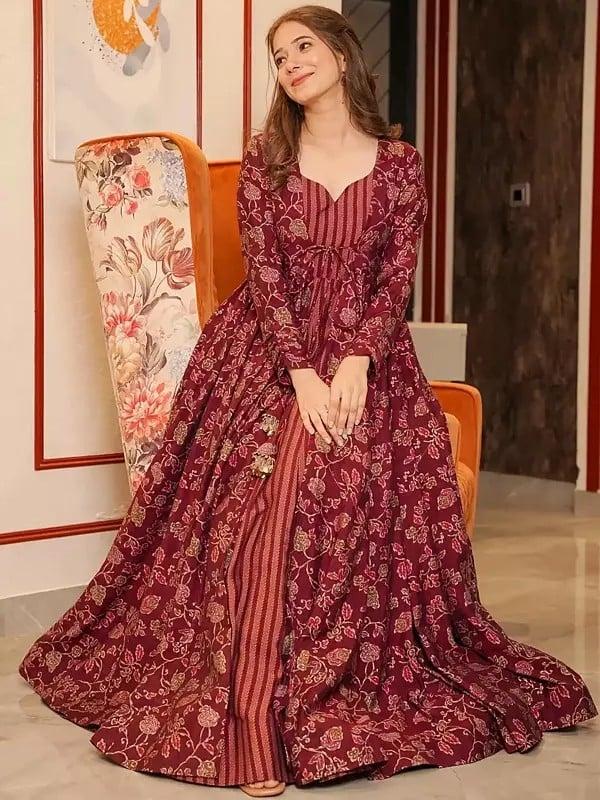 exotic india Wedding Wear Maroon Digital Printed Pure Muslin Indo-Western Suit 