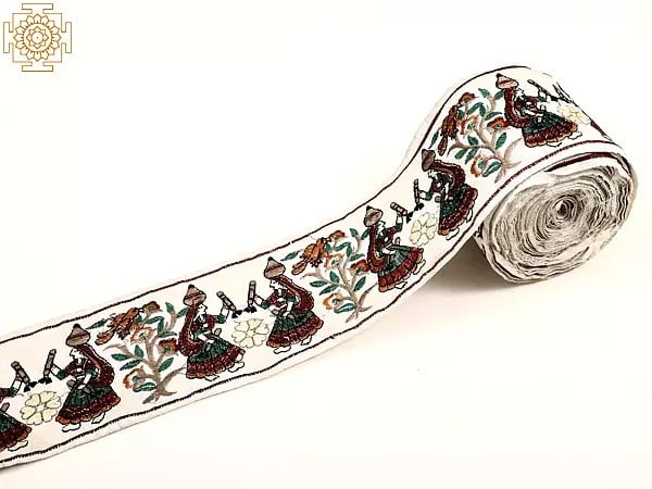 Exotic India Whisper-White Fabric Border With Embroidered Dandiya Raas Dance 