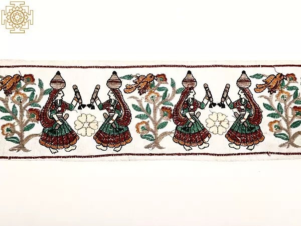Exotic India Whisper-White Fabric Border With Embroidered Dandiya Raas Dance 