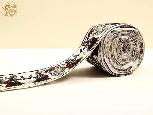 exotic india Whisper-White Fabric Border with Embroidered Dandiya Raas Dance 