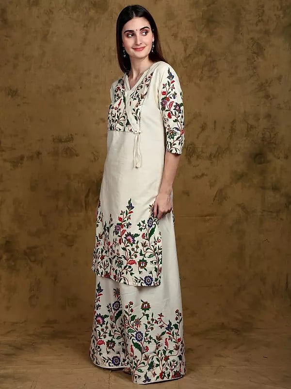 Exotic India Whisper-White Floral Printed Angrakha Style Straight Kurta And Skirt Set